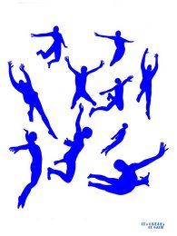 "Artistic drawing poster featuring dynamic silhouettes of people leaping and jumping in various poses. Vibrant blue color scheme captures a sense of movement and energy."