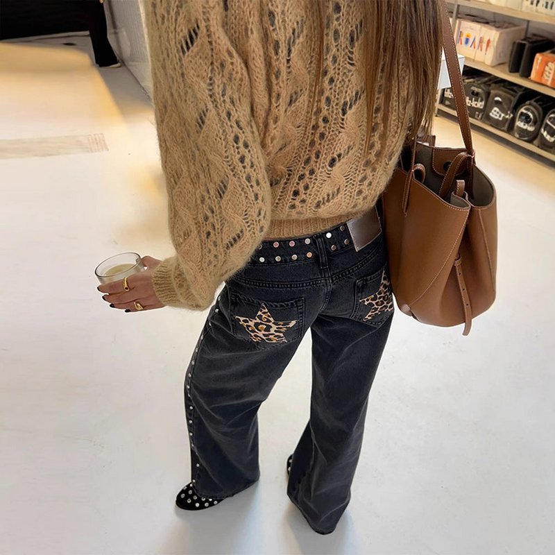 Leopard Print Five-pointed Star Deconstructing Jeans For Women