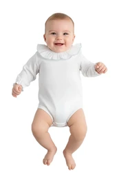 Babybody med flæsekrave, lange ærmer, hvid