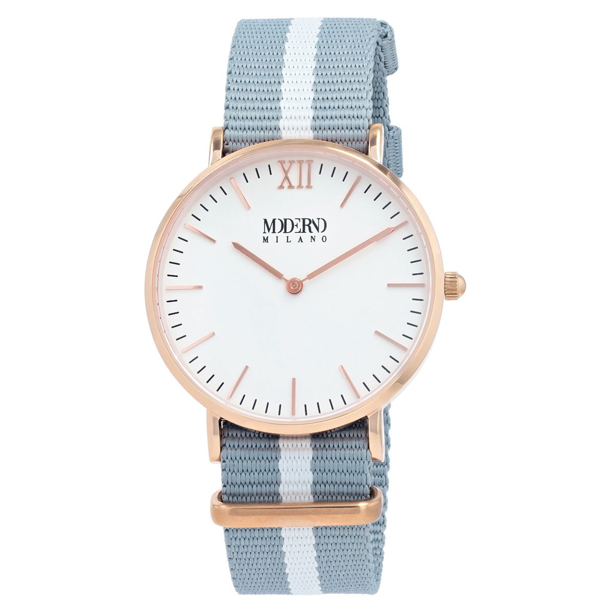 Moderno Milano roestvrijstalen dameshorloge 36,5 mm, saffierglas & nylon NATO-band (lichtblauw-wit), roségoudkleurig