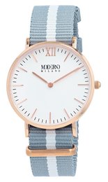 Moderno Milano stainless steel women's watch 36.5 mm, sapphire crystal & nylon NATO strap (light blue-white), rose gold-colored