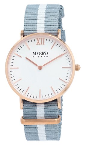 Moderno Milano Edelstahl Damenuhr 36,5 mm, Saphirglas & Nylon-NATO-Band (Hellblau-Weiß), rosegoldfarben