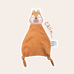 Soft, plush squirrel-shaped comforter in camel double cotton gauze fabric.