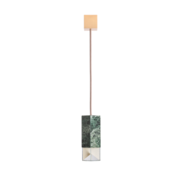 A tall, slender pendant lamp with a green marble base and a beige fabric shade.