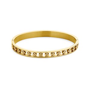 Gold ion plated stainless steel bangle with open clover