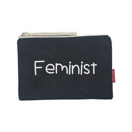 Black and white toiletry bag with the text "Feminist" printed on it.