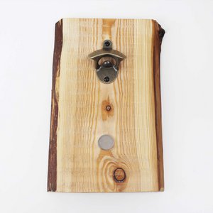 Bottle opener with a wooden magnet