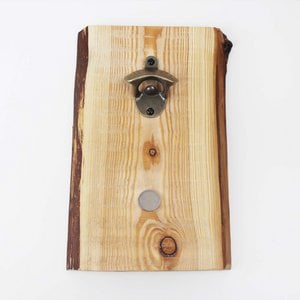 Bottle opener with a wooden magnet