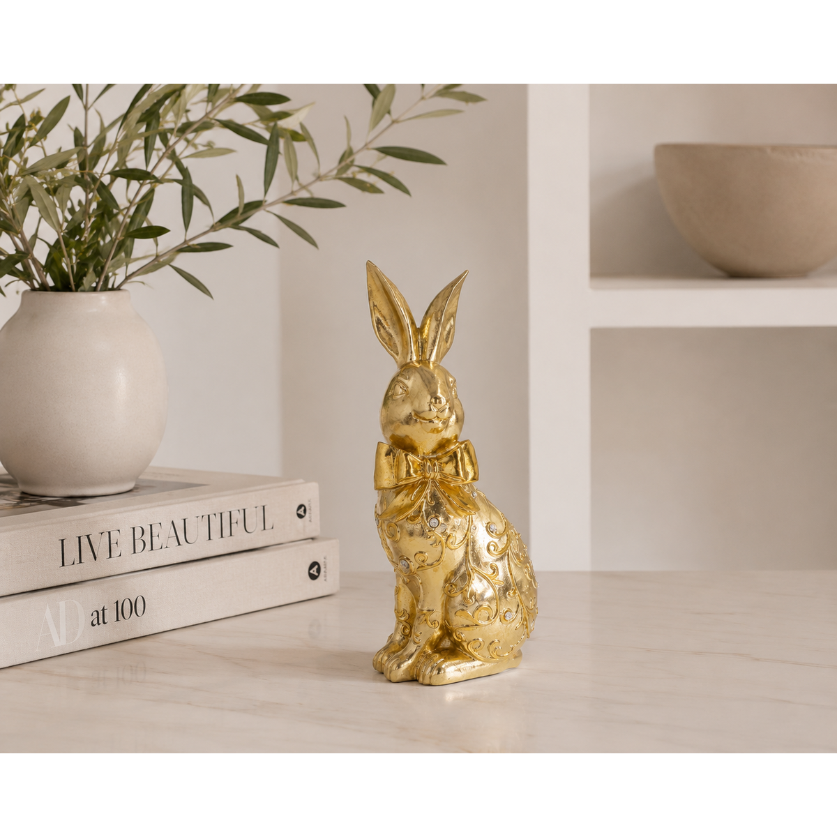 Decorative bunny in gold resin with rhinestones H29x14x10