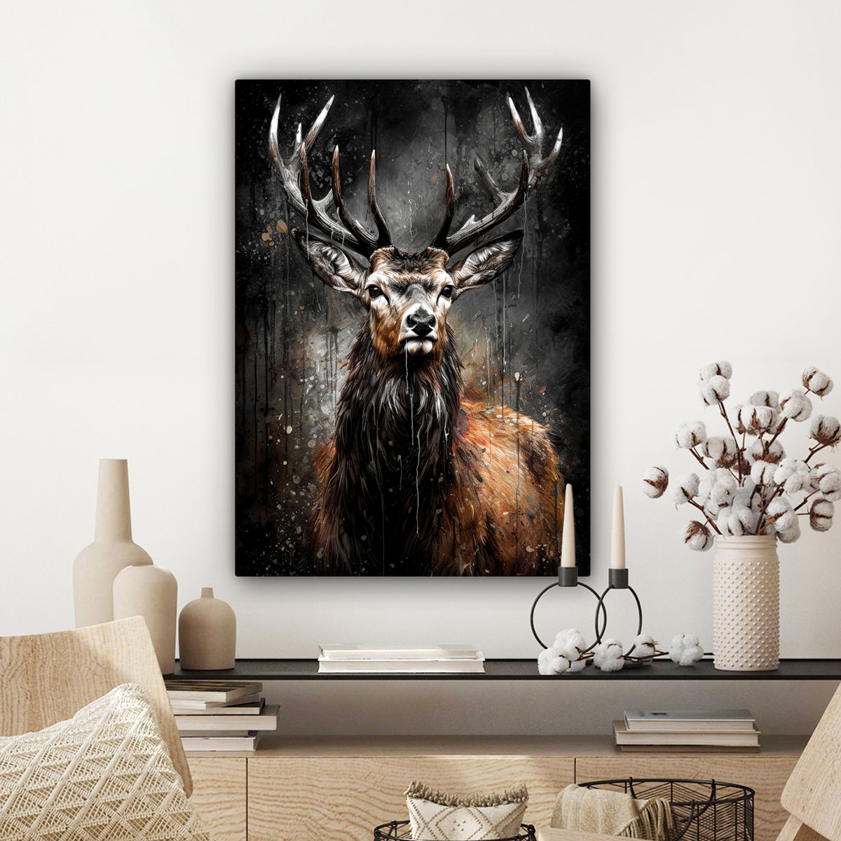 Leinwand Malerei - Wanddekoration Hert - Schwarz - Tier - Hirschbett - Wanddekoration Wohnzimmer - Schlafzimmer Dekoration - Raumzubehör - Leinwand Gemälde