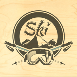  "Ski emblem poster with mountains, skis, and goggles, vintage style, monochrome design"