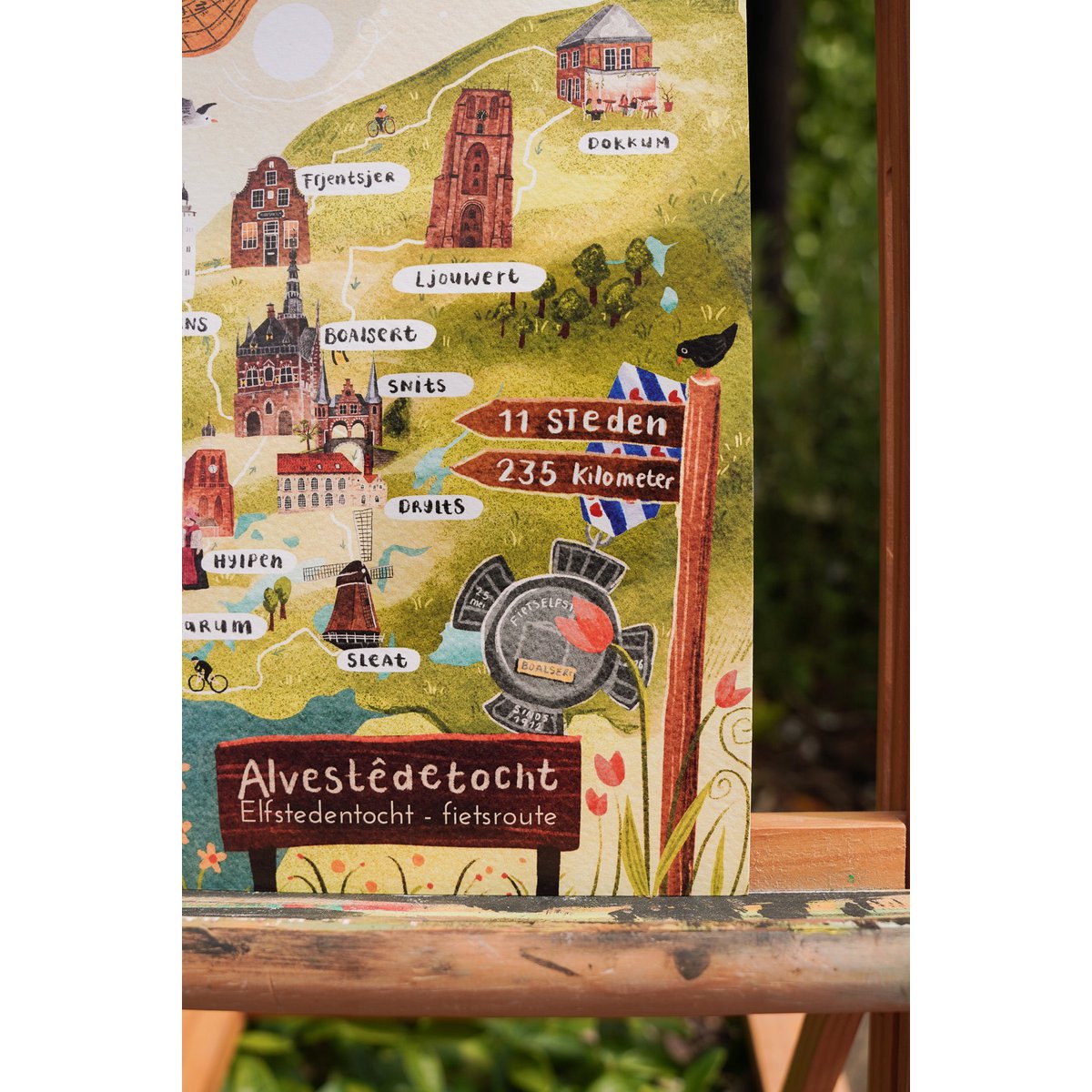 „Cycling Eleven Cities Route“ – A5-Illustrationsdruck | Kunstdruck auf 300 g/m² Tintoretto Gesso | Elf Städte festgelegt