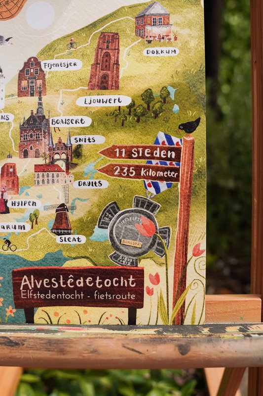 „Cycling Eleven Cities Route“ – A5-Illustrationsdruck | Kunstdruck auf 300 g/m² Tintoretto Gesso | Elf Städte festgelegt