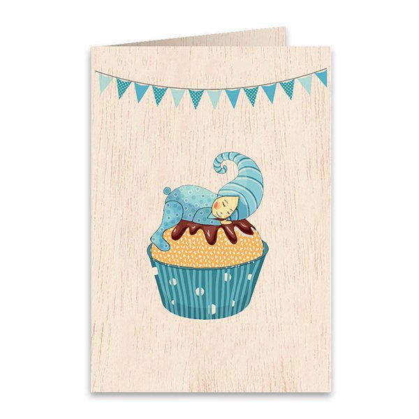 Blu Cupcake Battesimo Compleanno Babyshower Biglietto di auguri piegato in legno