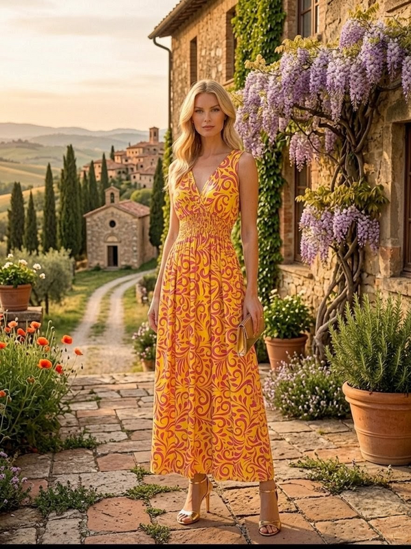 "Sienne" Maxi-kjole – Imperial Cut med smocked talje og rulletryk - 602-55
