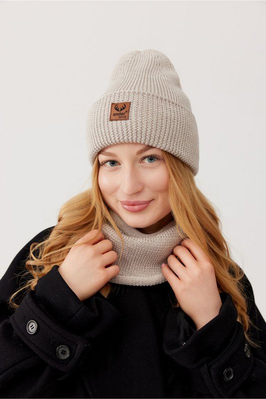 Komplet czapka i komin BRIGID - 100% wełny merino - beżowy