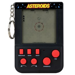  Retro black gaming keychain, Asteroids arcade game, red buttons, vintage handheld electronic device