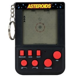 Retro black gaming keychain, Asteroids arcade game, red buttons, vintage handheld electronic device