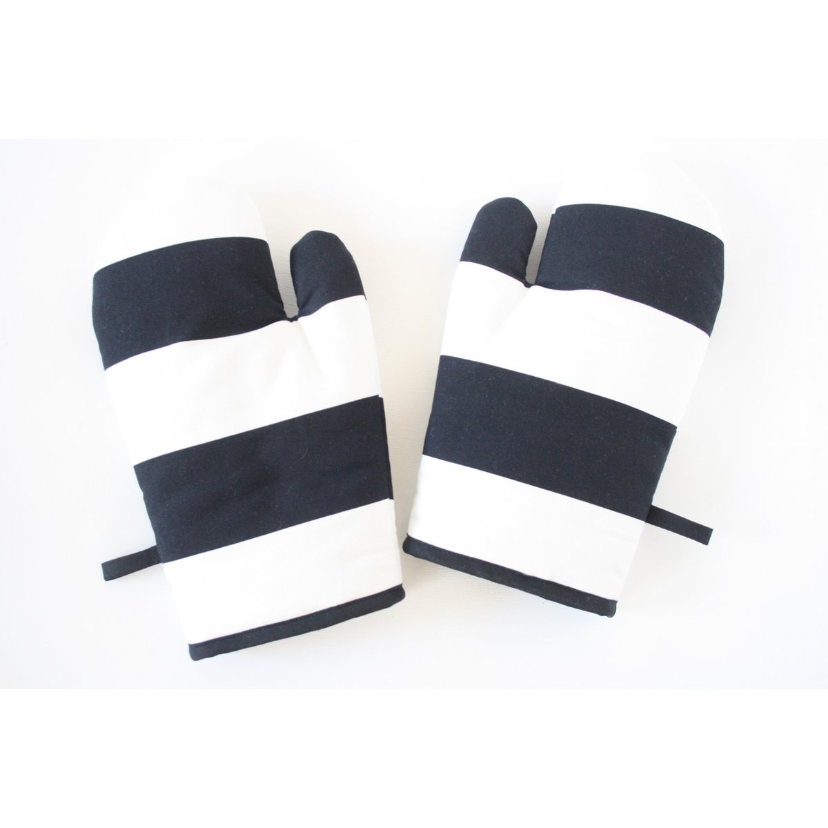 White and black striped oven gloves