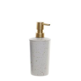  White ceramic soap dispenser with gold brass pump, speckled dots pattern, cylindrical shape, bathroom accessory
