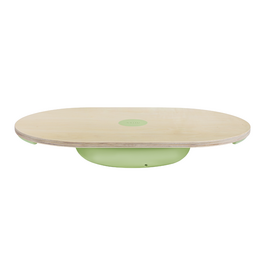 Green and natural wood balance board, oval shape, wobble stability trainer for fitness and core training.
