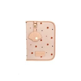 A beige document holder made of canvas material with a leather accent and a metal key-shaped charm. The holder has a rectangular shape and appears to be designed for storing and organizing documents.