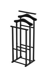 A black metal clothing rack with a simple, minimalist design. The rack features multiple tiers for hanging clothes, with a top bar for additional storage or display.