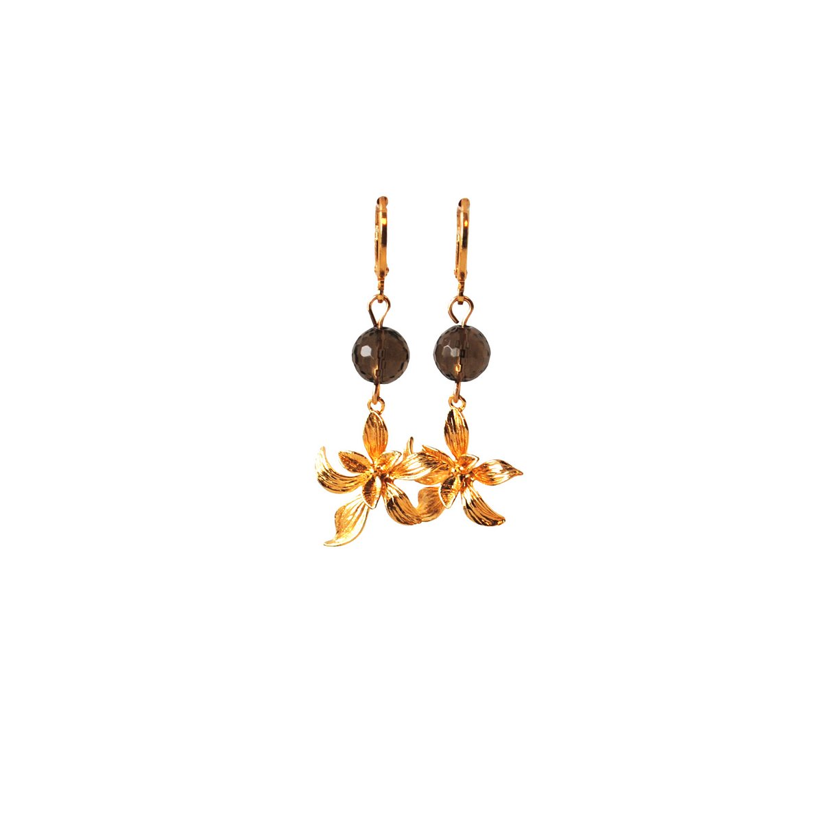 Oorbellen met rookkwarts en hanger bloem 24K goldplated