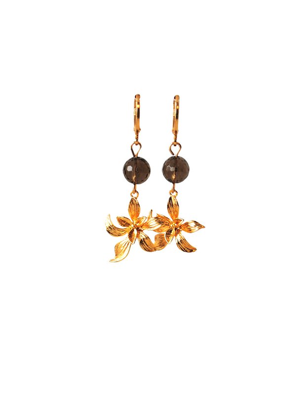 Oorbellen met rookkwarts en hanger bloem 24K goldplated