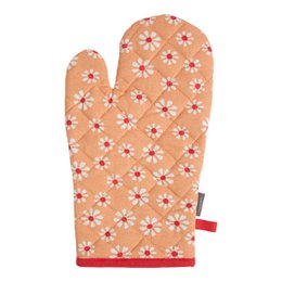 Orange oven mitt with white daisy flower pattern, suitable for kitchen use.
