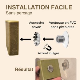 Magnetic Soft-free gap without drilling-hygienic & design-Bathroom wall fixation, kitchen, shower-dry soap-made in France