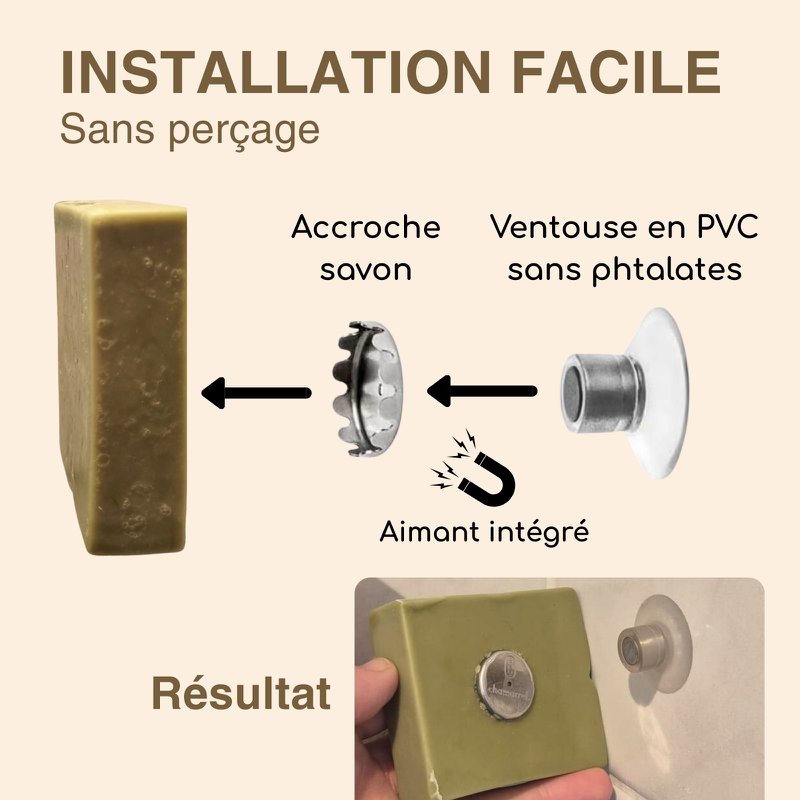 Magnetic Soft-free gap without drilling-hygienic & design-Bathroom wall fixation, kitchen, shower-dry soap-made in France