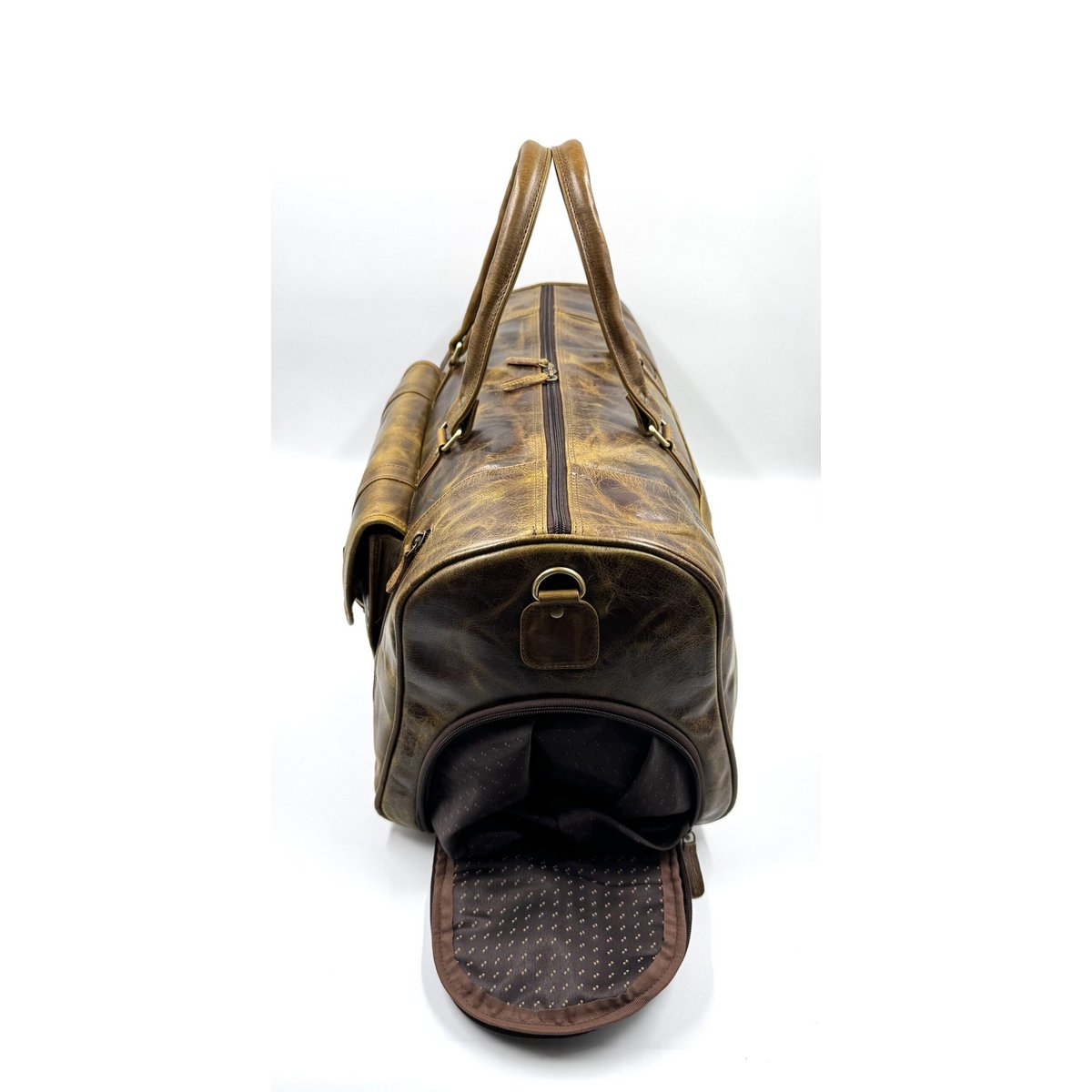Handmade Dark Olive Moroccan Leather Travel Bag – Artisan 6-Pocket "Deep Forest" Duffle with Dedicated Shoe Compartment