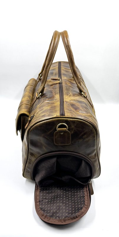Handmade Dark Olive Moroccan Leather Travel Bag – Artisan 6-Pocket "Deep Forest" Duffle with Dedicated Shoe Compartment