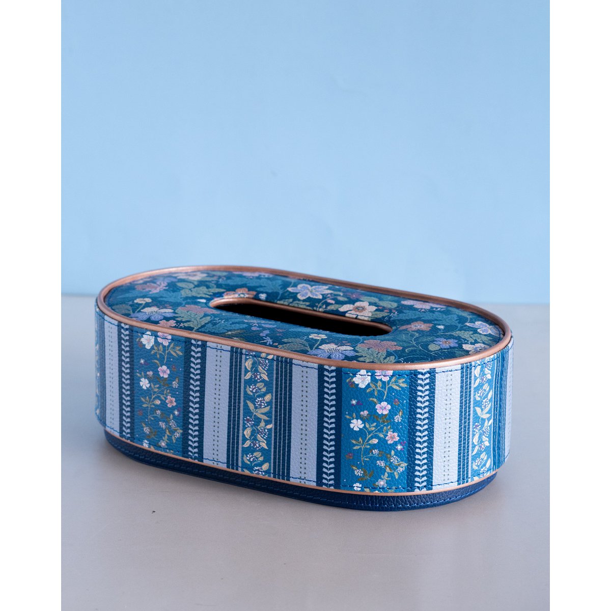 Vegan Leather Oval Tissue Box - Floral-Patterned Top