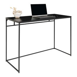 A modern, minimalist desk with a sleek black metal frame and a black glass top, suitable for a home office or workspace.