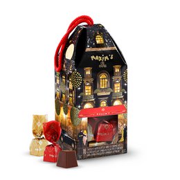  Assorted Christmas chocolates in a festive box with a winter scene design. The box contains 16 chocolates of various flavors.