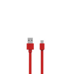 Flat USB-C charging cable in red, white, and grey colors. Durable and flexible design for fast charging of mobile devices.