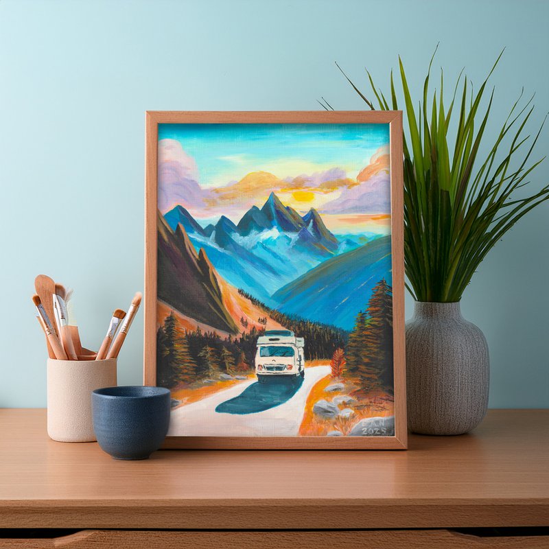 Roadtrip – A5 kunstplakat af originalt akrylmaleri med autocamper og bjerge