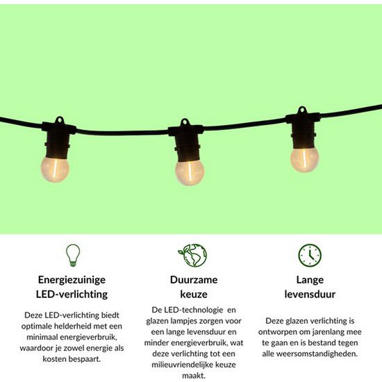 10 meter lysledning + 2 meter tilslutningskabel inklusive 10 LED-lamper