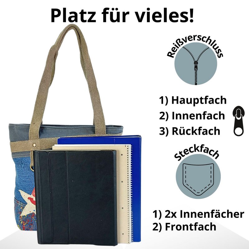 Sunsa dameshandtas. Shopper in vintage retrostijl. Schoudertas gemaakt van upcycled jeans. Grote veganistische tas