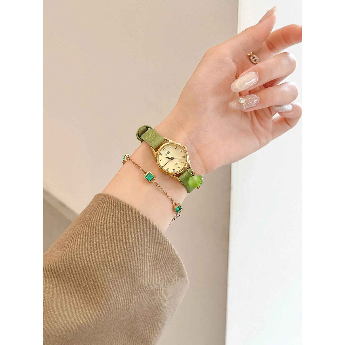 Pesto - Vintage groen leren dameshorloge