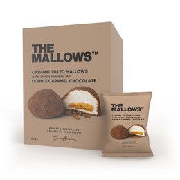 Caramel-filled marshmallows coated in double caramel chocolate, packaged in a box of 5 pieces.