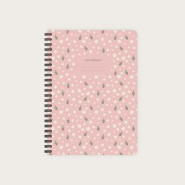 A pink spiral-bound notebook with a boho floral pattern featuring small white flowers. The notebook is available in various ruling styles including blank, grid, lined, and dot grid.