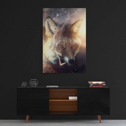 "Smoking Fox - canvas with shadow gap in white. Poster featuring a close-up portrait of a fox with a smoky, atmospheric background. Available in multiple framed sizes."