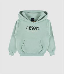 Mint green hoodie with "Cityscape" text print, kangaroo pocket, drawstring hood, comfortable kids sweater.