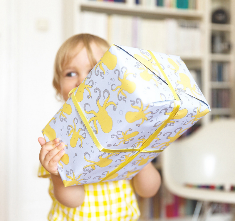 Carta di avvolgimento azzurra e gialla con polpi, carta avvolgente per bambini con motivo a polpo per il compleanno dei bambini, per regali per la nascita o il battesimo -