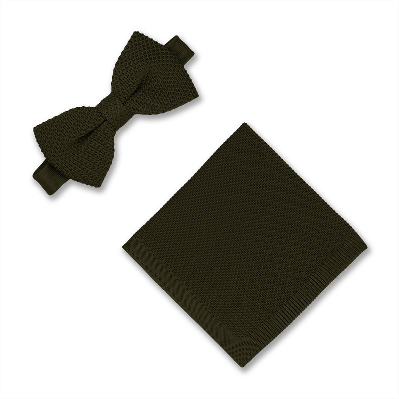 Moss green knitted bow tie and pocket square set