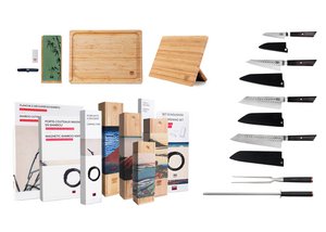 BUNKA Complete 9-piece Deluxe Set : 4 knives (paring knife + Petty + Santoku + Kiritsuke) and 5 accessories (magnetic bamboo knife holder + bamboo cutting board + 180/800 grit sharpening set + carving fork + honing steel)