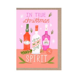  "Christmas spirits card with festive bottles, glasses, and holiday decorations. Vibrant colors and whimsical illustration capture the essence of the holiday season."